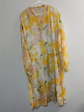 Black Tape_ Yellow Floral Long Sleeve Tiered Dress